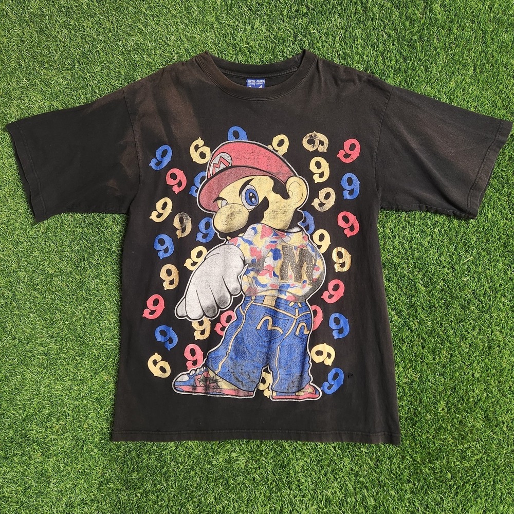 RARE Vtg Y2K Super Mario Gangster Bootleg TShirt XL Black Big Graphic Bape Evisu